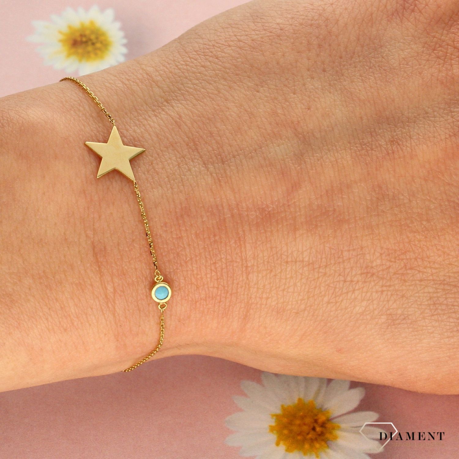 Złota bransoletka damska gwiazdka z turkusem 585 żółte złoto B OZ 86.jpg